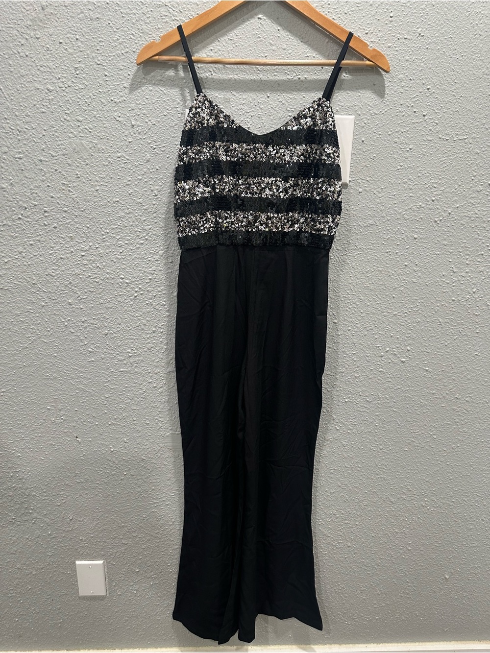 Chaudry Jumpsuit Womens Small Black Silver Sequin Stripes Flare Leg One Piece